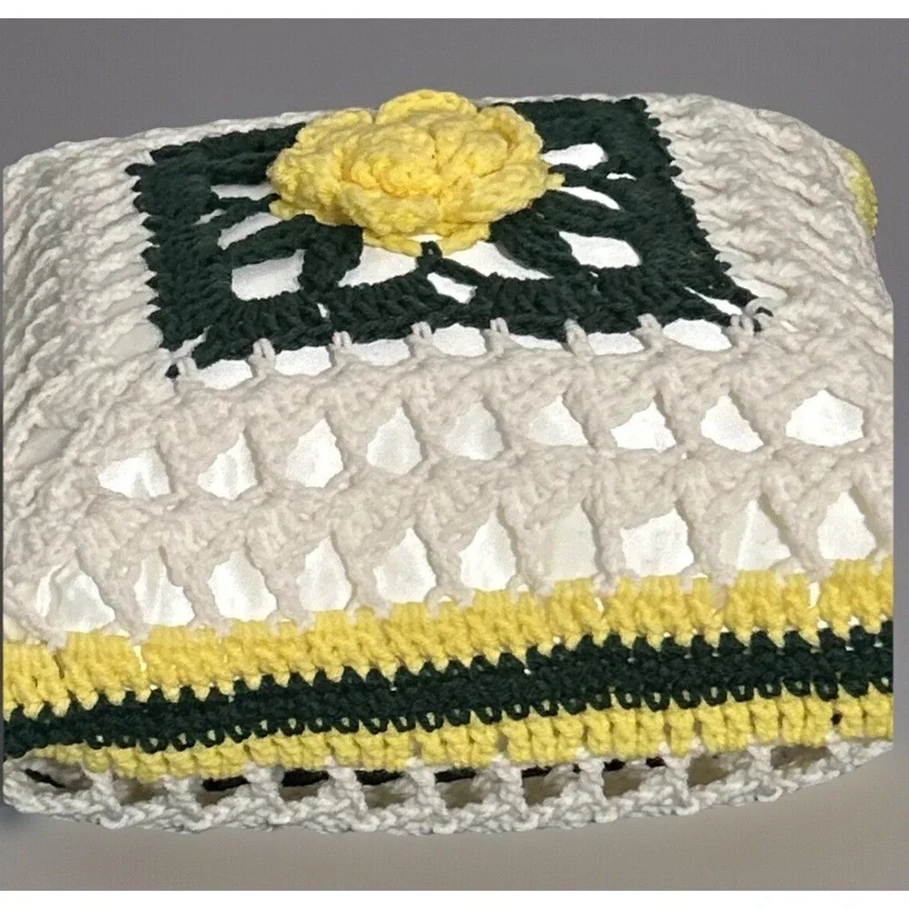 Handmade Crochet Rose Granny Square Throw Pillow Yellow White Green Floral Boho